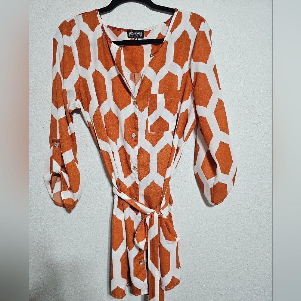 GameDay Couture white and orange tunic blouse with belt